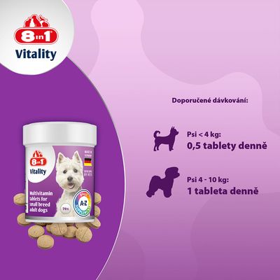8in1 Vitality multivitaminové tablety pro malé dospělé psy, 70 kusů. Vyrobeno v Německu, vyvinuto veterináři, denní doplněk stravy A-Z.