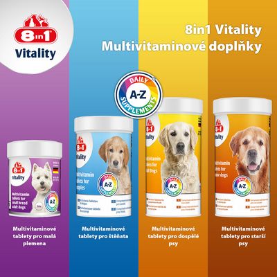 8in1 Vitality multivitaminové tablety pro malé dospělé psy, 70 kusů. Vyrobeno v Německu, vyvinuto veterináři, denní doplněk stravy A-Z.