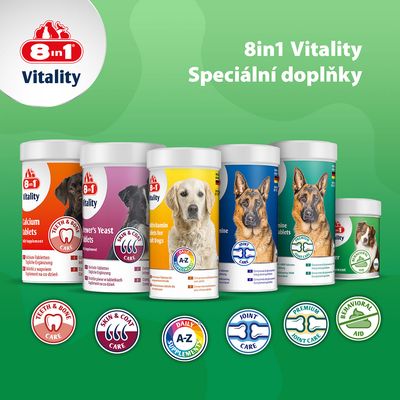 8in1 Vitality Deter Daily Supplement, doplněk stravy na podporu chování, 100 tablet. Zelený štítek s obrázkem psa a symbolem proti nežádoucímu chování.