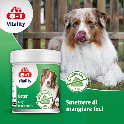 8in1 Vitality Deter complemento alimentare quotidiano, aiuto comportamentale, 100 compresse. Etichetta verde con immagine di cane e simbolo contro comportamenti indesiderati.