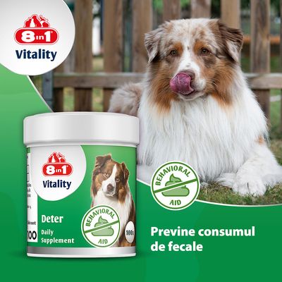 8in1 Vitality Deter Daily Supplement, supliment comportamental, 100 tablete. Etichetă verde cu imagine de câine și simbol împotriva comportamentului nedorit.