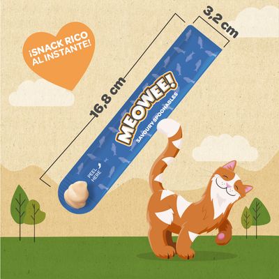 Snack MEOWEE! Savoury Spoonables, sobre azul de 16,8 x 3,2 cm. Texto visible: '¡SNACK RICO AL INSTANTE!' y 'PEEL HERE'.
