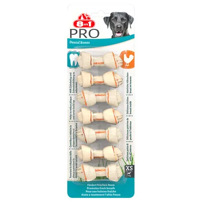8in1 PRO Dental Bones XS, promotes fresh breath, supports dental care, with chicken, pack of multiple chew bones for small dogs.