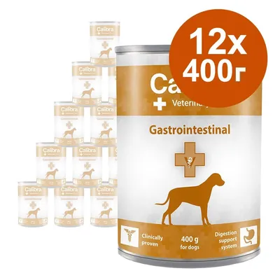 Calibra Gastrointestinal, 12x400 г консерви за кучета. Видими надписи: Clinically proven, 400 g for dogs, Digestion support system. Calibra Gastrointestinal, 12x400 г консерви за кучета. Видими надписи: Clinically proven, 400 g for dogs, Digestion support system.