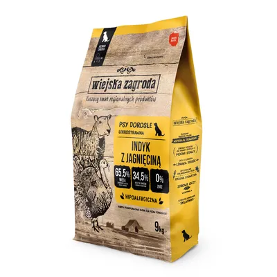 Wiejska Zagroda, karma dla psów dorosłych, indyk z jagnięciną, 65,5% mięsa, 34,5% składników odżywczych, 0% zbóż, hipoalergiczna, opakowanie 9 kg. Wiejska Zagroda, karma dla psów dorosłych, indyk z jagnięciną, 65,5% mięsa, 34,5% składników odżywczych, 0% zbóż, hipoalergiczna, opakowanie 9 kg.