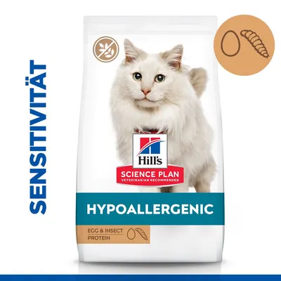 Hill's Science Plan Hypoallergenic kattefoder med æg- og insektprotein, egnet til følsomme katte. Kornfri-symbol synligt.