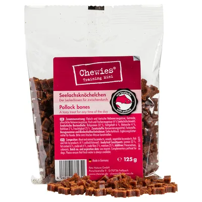 Chewies Training Mini Pollock bones, a 125g pack of treats with pollock. Label states 'A tasty treat for any time of the day' and includes ingredients and nutritional information.
