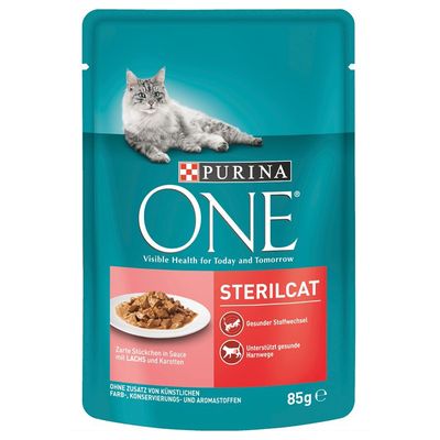 Purina ONE Sterilcat natvoer, 85g. Zachte stukjes in saus met zalm en wortelen. Zonder kunstmatige kleur-, conserveer- of smaakstoffen. Voor gezonde stofwisseling en urinewegen.