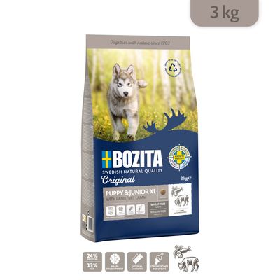 Bozita Original Puppy & Junior XL with Lamb, 3 kg. 24 % protéines, 13 % matières grasses. Sans blé. Marque suédoise. Visuel d’un chiot sur l’emballage.