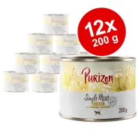 Purizon Single Meat Chicken with Chamomile Blossoms, 12×200 g konzervy pre mačky. Viditeľný nápis: 13 % bielkovín. Balenie s kvetmi harmančeka na etikete.