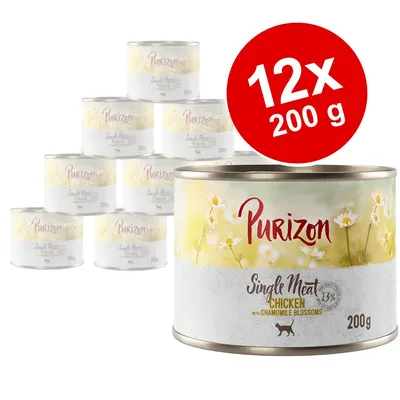 Purizon Single Meat Chicken with Chamomile Blossoms, 12x200 g konzerve. Vidljiv natpis: 13 % piletine. Pakiranje s cvjetnim motivom i siluetom mačke. Purizon Single Meat Chicken with Chamomile Blossoms, 12x200 g konzerve. Vidljiv natpis: 13 % piletine. Pakiranje s cvjetnim motivom i siluetom mačke.