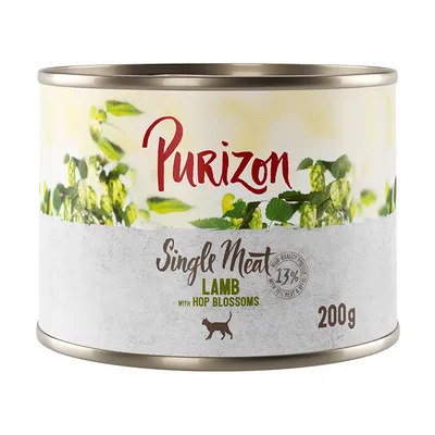 Purizon Single Meat cordero con flores de lúpulo, lata de 200g, 13% de proteína, comida para gatos.