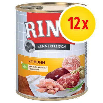 Rinti Kennerfleisch mit Huhn, 12x. Op het blik: 'mit Huhn', 'neu', 'noch mehr natürliche Fleischstücke'. Afbeelding van verschillende stukken vlees op de verpakking.