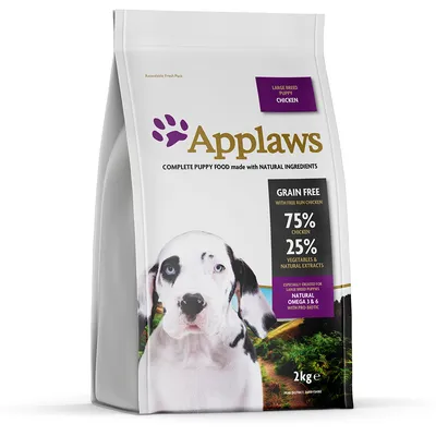 Applaws ração para cachorros de raças grandes, 2kg. Sem cereais, 75% frango, 25% legumes e extratos naturais. Contém ómega 3 e 6 e probióticos.