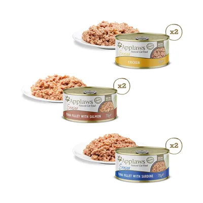 3 confezioni da 2 lattine Applaws Senior Natural Cat Food 70g: Chicken, Tuna Fillet with Salmon, Tuna Fillet with Sardine. Lattine e porzioni di cibo visibili su piatti.