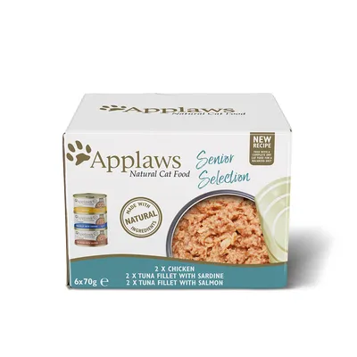 Applaws Natural Cat Food Senior Selection, 6x70g: 2x chicken, 2x tuna fillet with sardine, 2x tuna fillet with salmon. Made with natural ingredients. Testo in inglese.