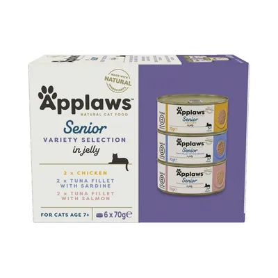 Applaws Senior Variety Selection in jelly, confezione da 6x70g per gatti dai 7 anni, 2x pollo, 2x filetto di tonno con sardina, 2x filetto di tonno con salmone. Ingredienti naturali visibili.