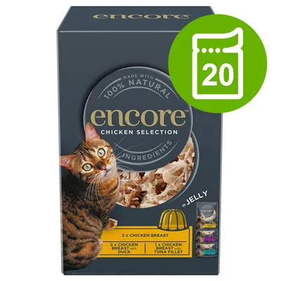Boîte de nourriture pour chat encore Chicken Selection, 100 % natural ingredients, 20 sachets. Variétés visibles : chicken breast, chicken breast with duck, chicken breast with tuna fillet.