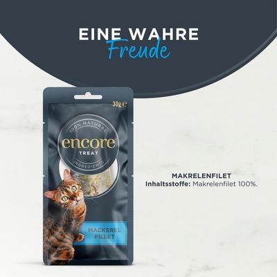Encore Treat Mackerel Fillet, 100% natürliche Zutaten, 30g. Verpackung zeigt ein Katzenbild und Produktname.