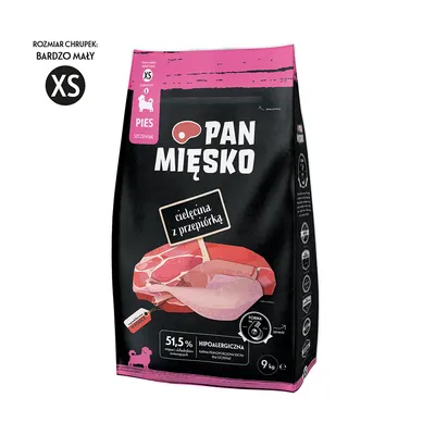 Pan Mięsko hondenvoer voor puppy's, smaak kalfsvlees met kwartel, hypoallergeen, 51,5% vleesgehalte, maat XS, verpakkingsgrootte 9 kg.