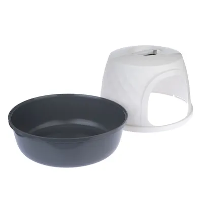 Juego de dos piezas compuesto por un cuenco negro y una carcasa blanca en forma de cúpula con abertura. Adecuado para varios usos.