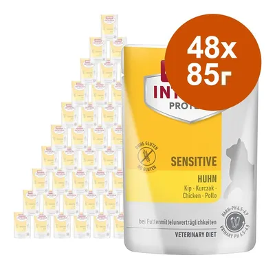 48×85 г Animonda Integra Protect Sensitive Huhn, без глутен. Ветеринарна диета за котки, пилешко месо, видими 48 опаковки по 85 г.