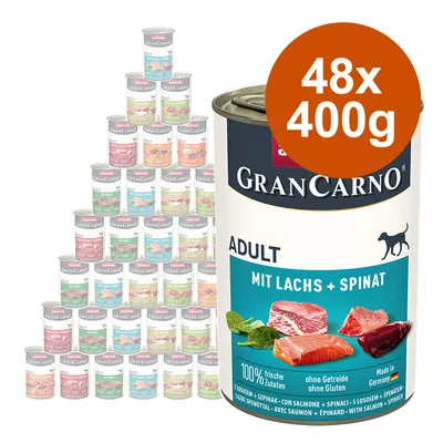 GranCarno ADULT MIT LACHS + SPINAT, 48×400g konzervy. Text: 100 % frische Zutaten, ohne Getreide ohne Gluten, Made in Germany. Zobrazené rôzne príchute v pozadí. GranCarno ADULT MIT LACHS + SPINAT, 48×400g konzervy. Text: 100 % frische Zutaten, ohne Getreide ohne Gluten, Made in Germany. Zobrazené rôzne príchute v pozadí.
