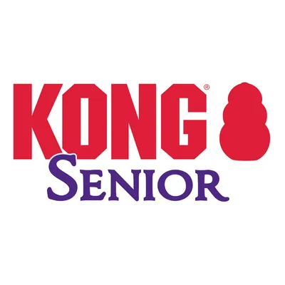 KONG Senior. Merkenlogo met rood KONG-design en paarse belettering voor oudere huisdieren.
