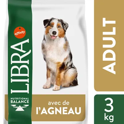 Sac de croquettes pour chien adulte Libra Nutritional Balance avec de l’agneau, 3 kg, marque affinity, mention ADULT visible sur l’emballage.