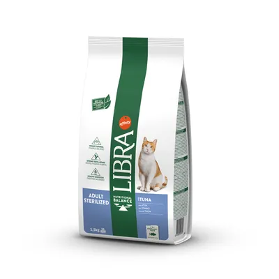 Libra Adult Sterilized cat food with tuna, 1.5kg. Nutritional balance, weight control, healthy teeth and digestion. No artificial additives.