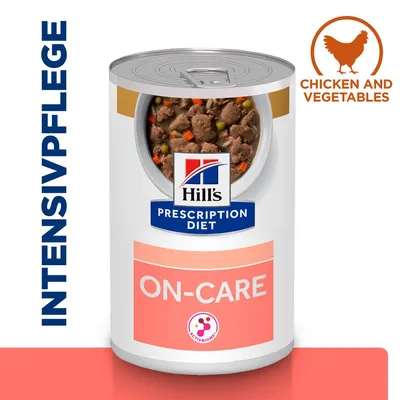 Boîte Hill's Prescription Diet ON-CARE, texte visible : INTENSIVPFLEGE, CHICKEN AND VEGETABLES, ActivBiome+, morceaux de viande et légumes visibles dans la boîte.