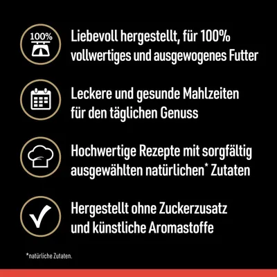 Texte en allemand : Liebevoll hergestellt, für 100% vollwertiges und ausgewogenes Futter. Leckere und gesunde Mahlzeiten für den täglichen Genuss. Hochwertige Rezepte mit sorgfältig ausgewählten natürlichen Zutaten. Hergestellt ohne Zuckerzusatz und künstliche Aromastoffe.