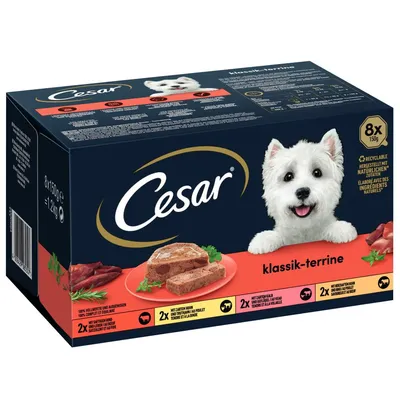Cesar klasik-terrine, balení 8×150 g. Na obalu pes, plátky masové teriny a text: 2× hovězí a kuře, 2× telecí a drůbeží, 2× hovězí a játra, 2× drůbeží a játra.