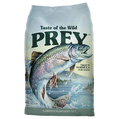 Taste of the Wild PREY, rețetă cu păstrăv pentru câini. Dietă cu ingrediente limitate.