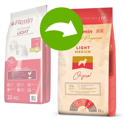 Fitmin Medium Light krmivo pro psy, balení 15 kg se 64 % živočišných složek. Nový design: Fitmin Light Medium Original, balení 12 kg se 77 % podílem drůbeže.