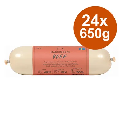 Magnussons Beef, dog food with Swedish beef, offal and vegetables. Contents: 24x650g. Meat 65%, offal 15%, vegetables & oil 20%.