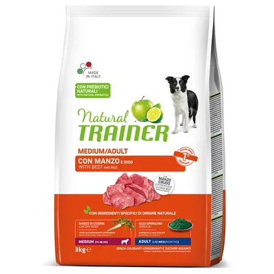Natural Trainer Medium/Adult z wołowiną i ryżem, 3 kg. Z prebiotykami naturalnymi, składniki: korzeń cykorii, spirulina. Dla psów dorosłych średnich ras. Made in Italy.