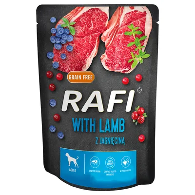 Rafi Adult krmivo pro psy s jehněčím, bez obilovin, bez konzervantů, pečlivě vybrané ingredience, kompletní bílkovina. Obal zobrazuje maso, borůvky a brusinky.