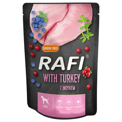 Rafi Grain Free med kalkon, Adult. Innehåller noggrant utvalda ingredienser, komplett protein, utan konserveringsmedel.