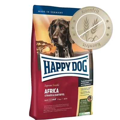 Happy Dog Supreme Sensible Africa Strauss & Kartoffel, Kornfrit, Adult, 11 kg. Made in Germany. Billede af hund på posen. Happy Dog Supreme Sensible Africa Strauss & Kartoffel, Kornfrit, Adult, 11 kg. Made in Germany. Billede af hund på posen.