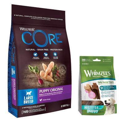 Bag labelled CORE Puppy Original Large Breed, chicken recipe, natural, grain free, protein-rich, with fresh meat, prebiotics, low carbs, and no artificial colours or preservatives.