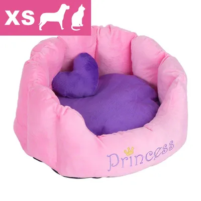 Panier pour animaux taille XS, coussin violet en forme de cœur, broderie 'Princess' avec couronne sur le devant. Convient aux petits chiens et chats selon l’icône visible.