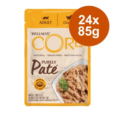 Wellness CORE Purely Paté pour chats adultes, poulet, sans céréales, riche en protéines, 24 sachets de 85 g. Texture pâté lisse. Texte visible : Natural, Grain Free, Protein-Rich. Wellness CORE Purely Paté pour chats adultes, poulet, sans céréales, riche en protéines, 24 sachets de 85 g. Texture pâté lisse. Texte visible : Natural, Grain Free, Protein-Rich.