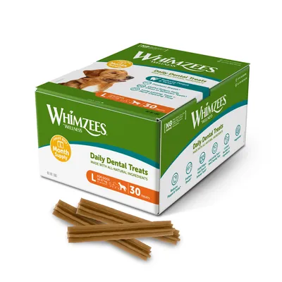 Boîte Whimzees Wellness Daily Dental Treats, 30 friandises pour chiens de 25–40 kg, ingrédients naturels. Texte visible : Month Supply, L for dogs 25–40 kg, 30 treats.