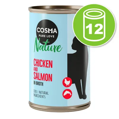 Cosma Nature Chicken and Salmon in Broth, 100% natural ingredients, lot de 12 boîtes. Texte en anglais sur l’emballage. Cosma Nature Chicken and Salmon in Broth, 100% natural ingredients, lot de 12 boîtes. Texte en anglais sur l’emballage.