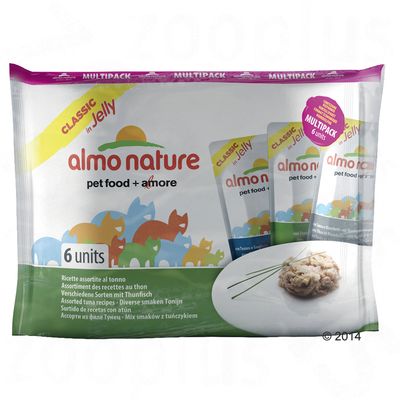Multipack Almo Nature Classic in Jelly, pet food + amore, 6 unidades, receitas sortidas de atum. Embalagem mostra saquetas e prato com comida húmida para animais.