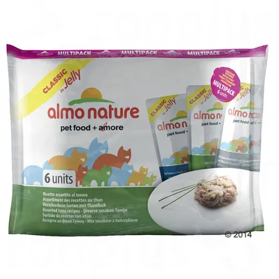 Multipack Almo Nature Classic in Jelly, pet food + amore, 6 unidades, receitas sortidas de atum. Embalagem mostra saquetas e prato com comida húmida para animais.