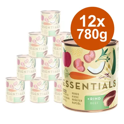Lot de 12 boîtes Terra Canis ESSENTIALS Rind Beef 780 g, illustrations de légumes et viande sur l’emballage, texte visible : carotte, courgette, pomme, coco, millet, herbes, huile de colza.