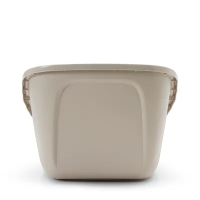 Beige plastic container with rectangular shape and rounded corners, suitable for storage.