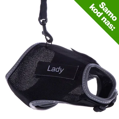 Crni pseći orma s natpisom Lady, reflektirajući rubovi, kopča za povodac. U gornjem kutu zeleno polje s tekstom: Samo kod nas: Crni pseći orma s natpisom Lady, reflektirajući rubovi, kopča za povodac. U gornjem kutu zeleno polje s tekstom: Samo kod nas: